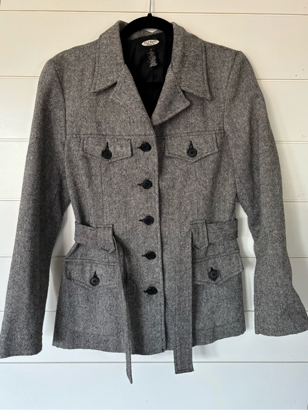 Old Navy Black/White Wool-Blend Button Front Belted Blazer